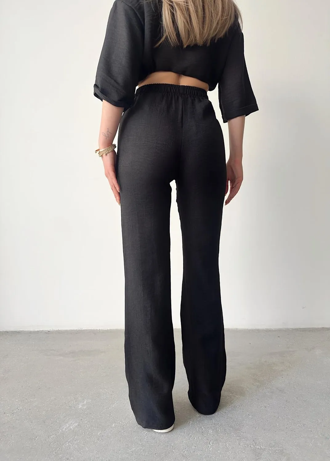 Women's High Waist Wide Leg Black Linen Pant and Sweatpants, Summery Fabric, Pockets and Stripe Stitching Detail