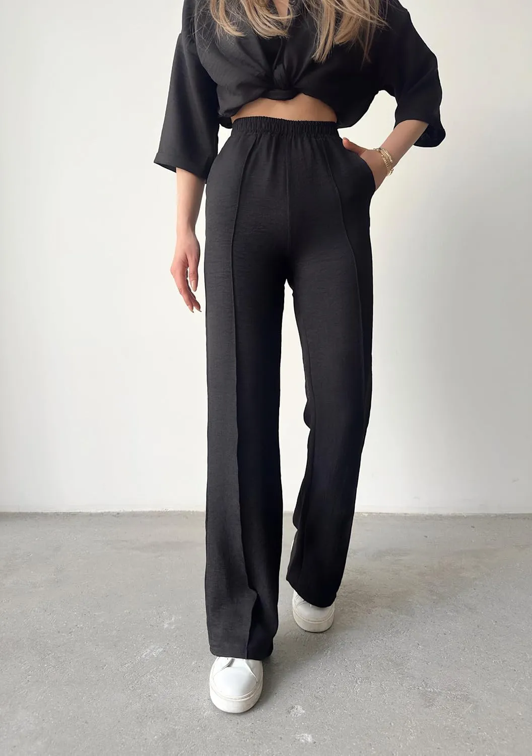 Women's High Waist Wide Leg Black Linen Pant and Sweatpants, Summery Fabric, Pockets and Stripe Stitching Detail