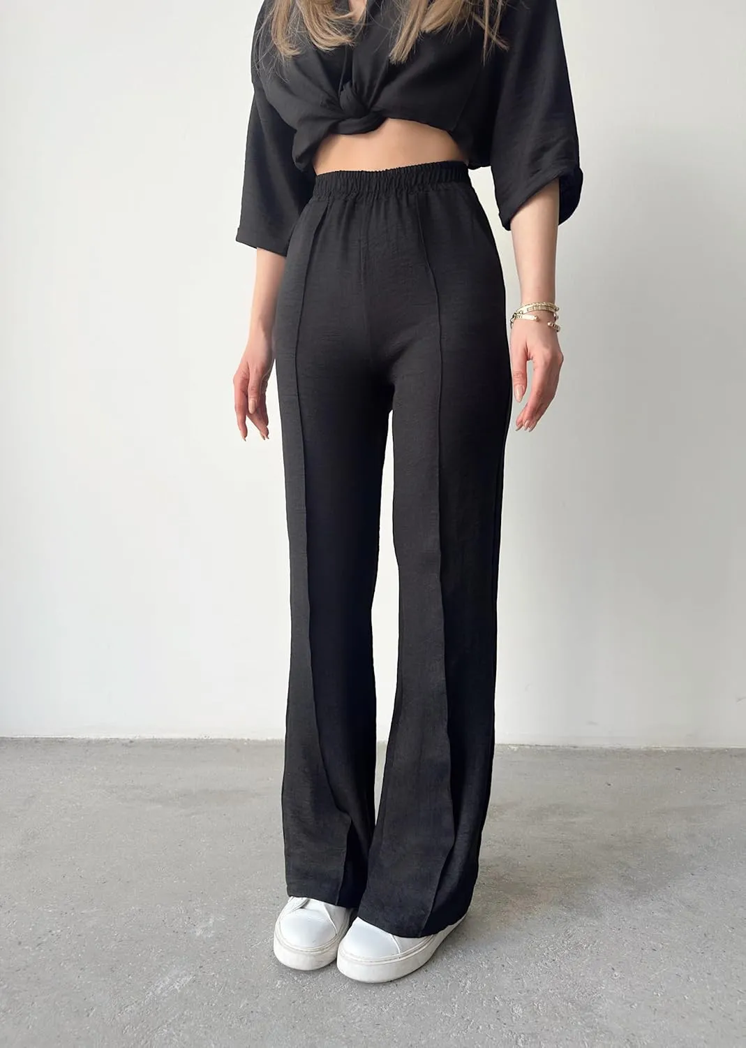 Women's High Waist Wide Leg Black Linen Pant and Sweatpants, Summery Fabric, Pockets and Stripe Stitching Detail