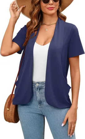 Women's Lightweight Open Front Cardigans Short Sleeve Casual Soft Summer Cardigan with Pockets S-2XL