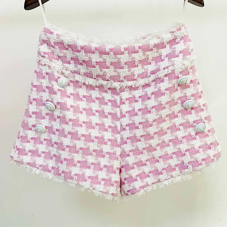 Women's Plaid Shorts Wool High Waist Houndstooth Check Tweed Shorts