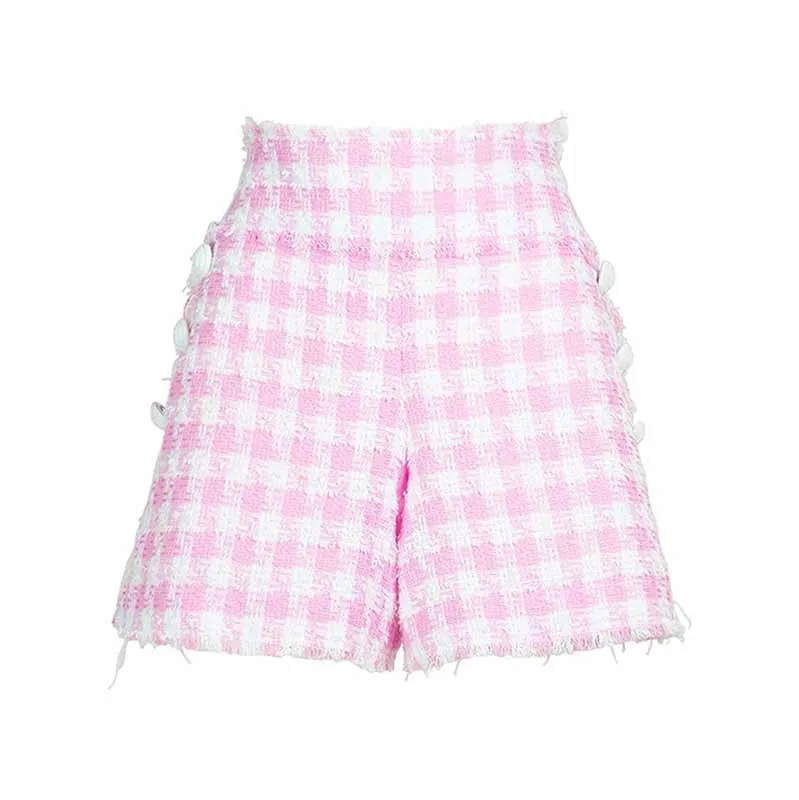 Women's Plaid Shorts Wool High Waist Houndstooth Check Tweed Shorts