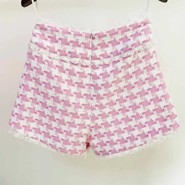 Women's Plaid Shorts Wool High Waist Houndstooth Check Tweed Shorts
