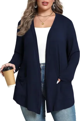 Women's Plus Size Lightweight Long Sleeve Casual Soft Open Front Cardigan Cover ups with Pockets