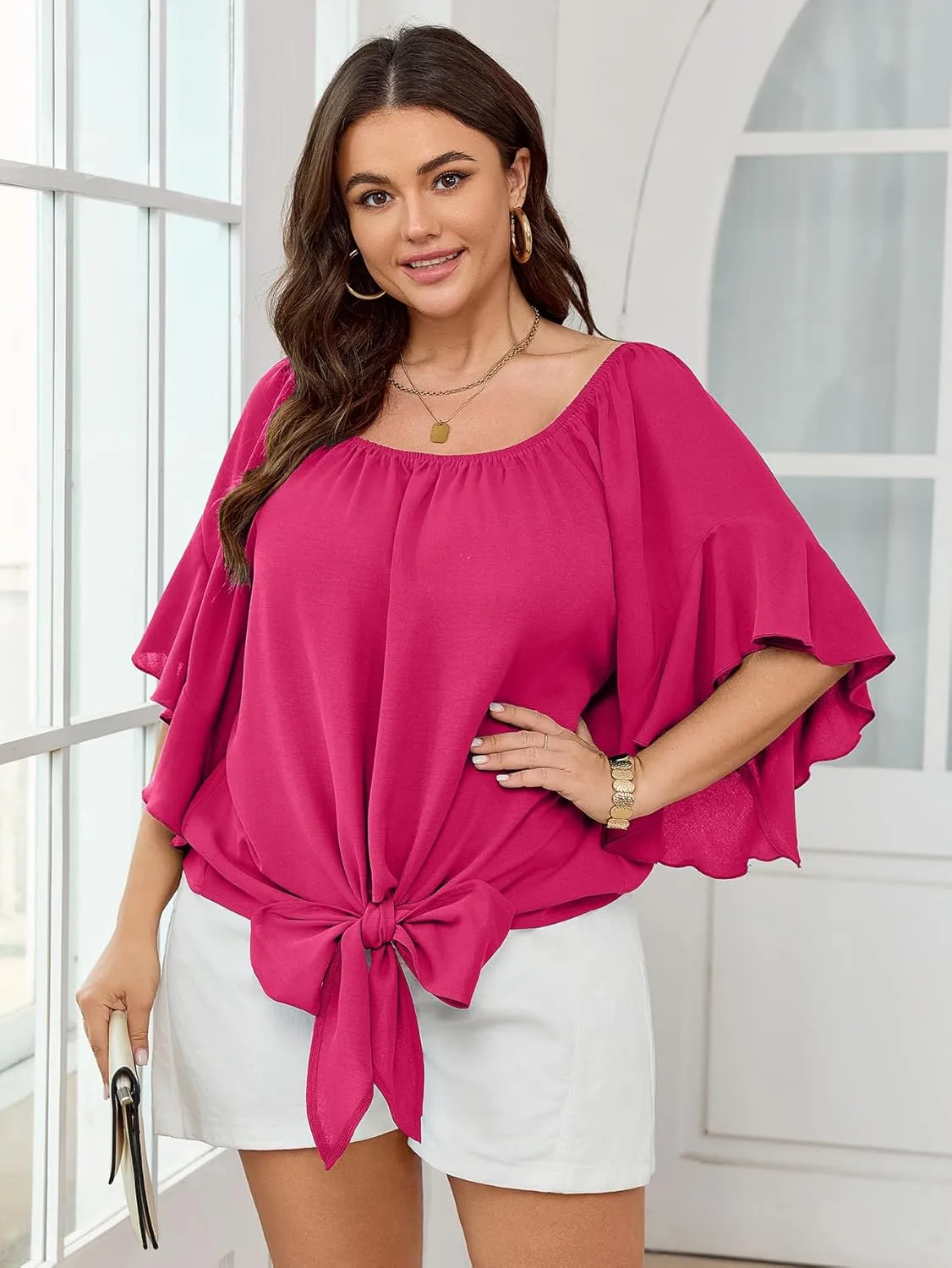 Womens Plus Size Off The Shoulder Blouse Tops Half Sleeves Tie Front Sexy Flowy Top