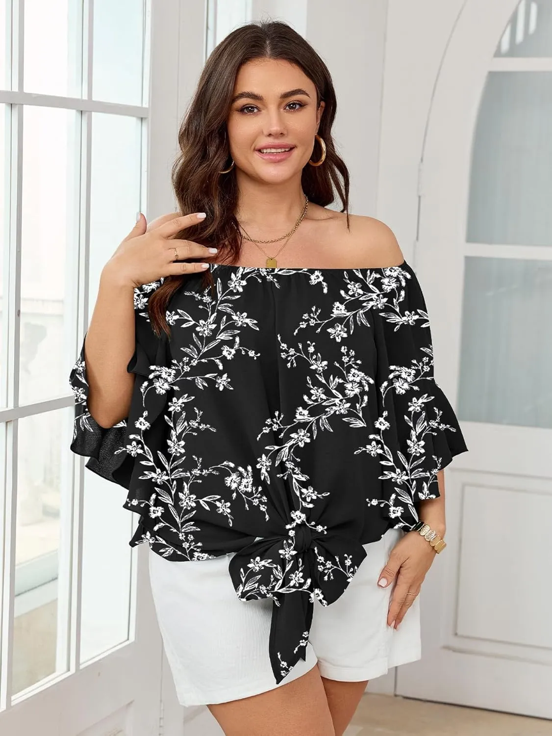 Womens Plus Size Off The Shoulder Blouse Tops Half Sleeves Tie Front Sexy Flowy Top