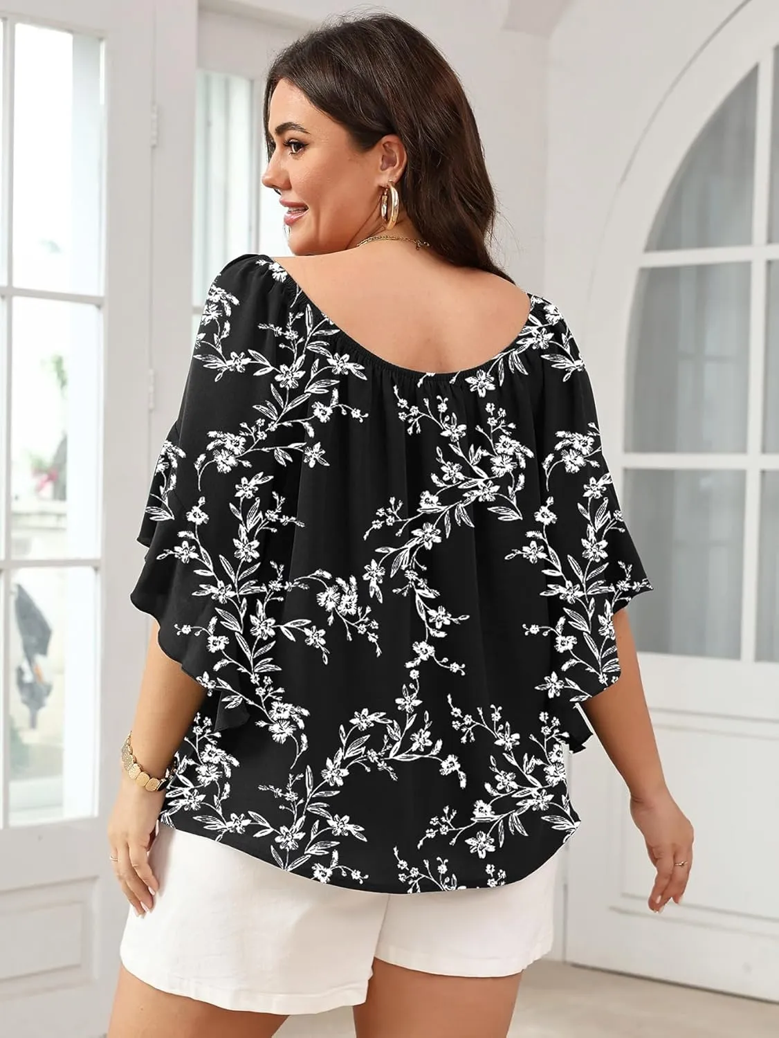 Womens Plus Size Off The Shoulder Blouse Tops Half Sleeves Tie Front Sexy Flowy Top