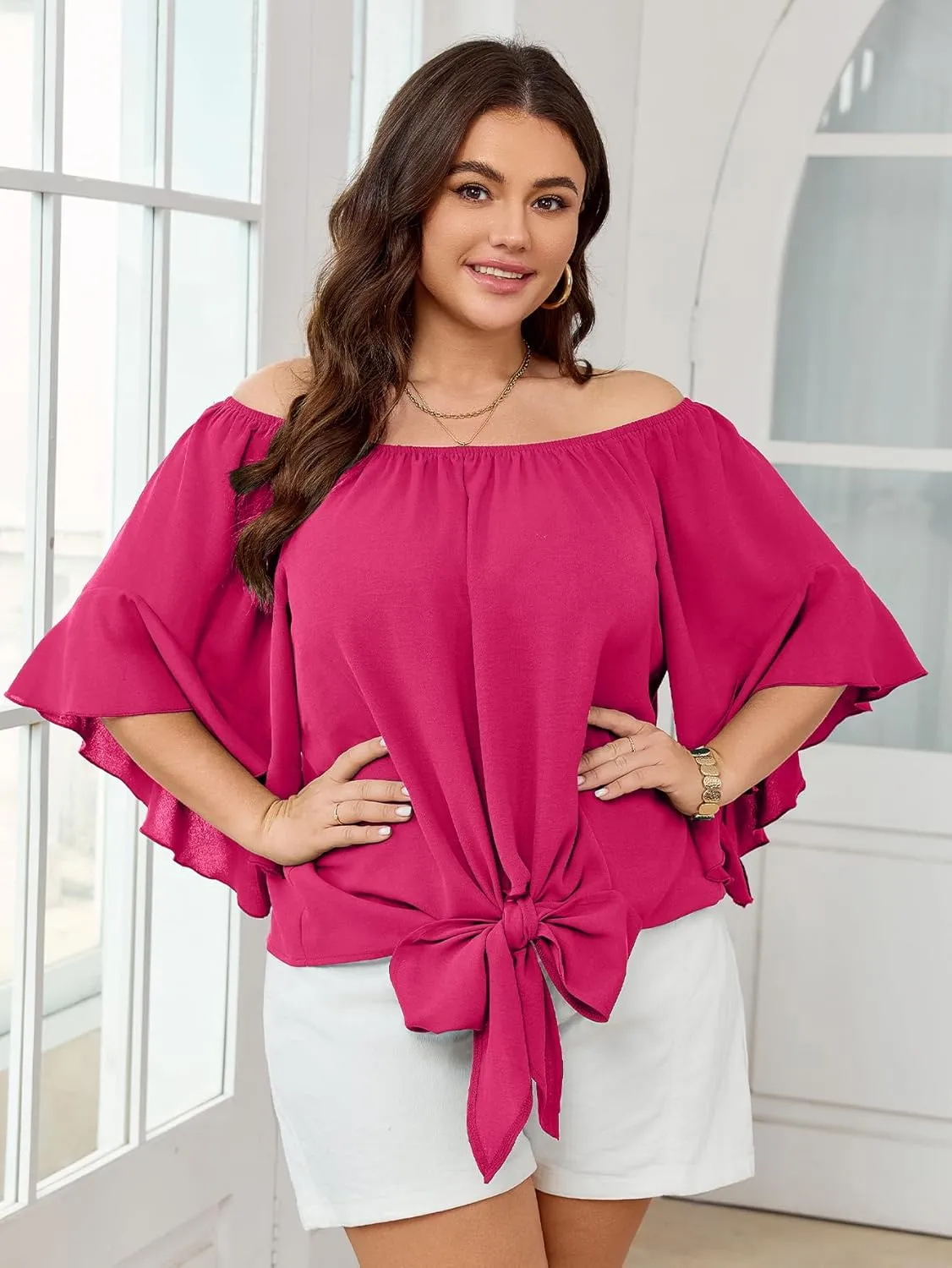 Womens Plus Size Off The Shoulder Blouse Tops Half Sleeves Tie Front Sexy Flowy Top