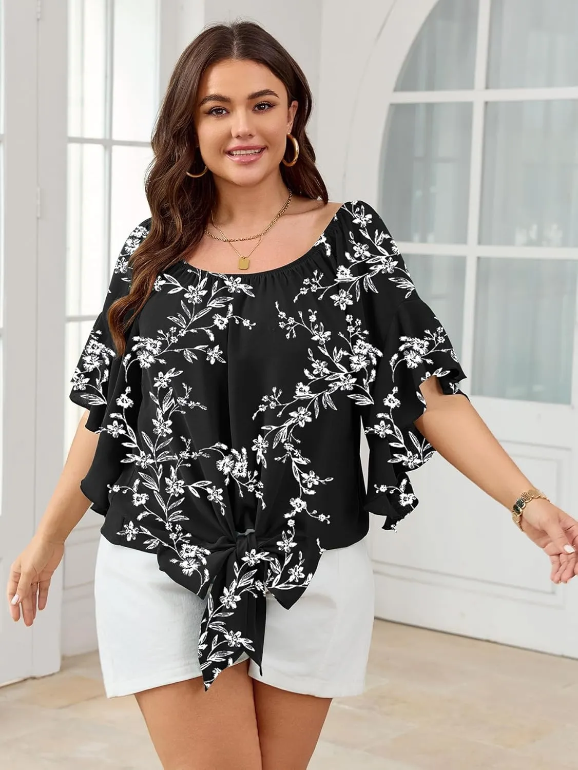Womens Plus Size Off The Shoulder Blouse Tops Half Sleeves Tie Front Sexy Flowy Top