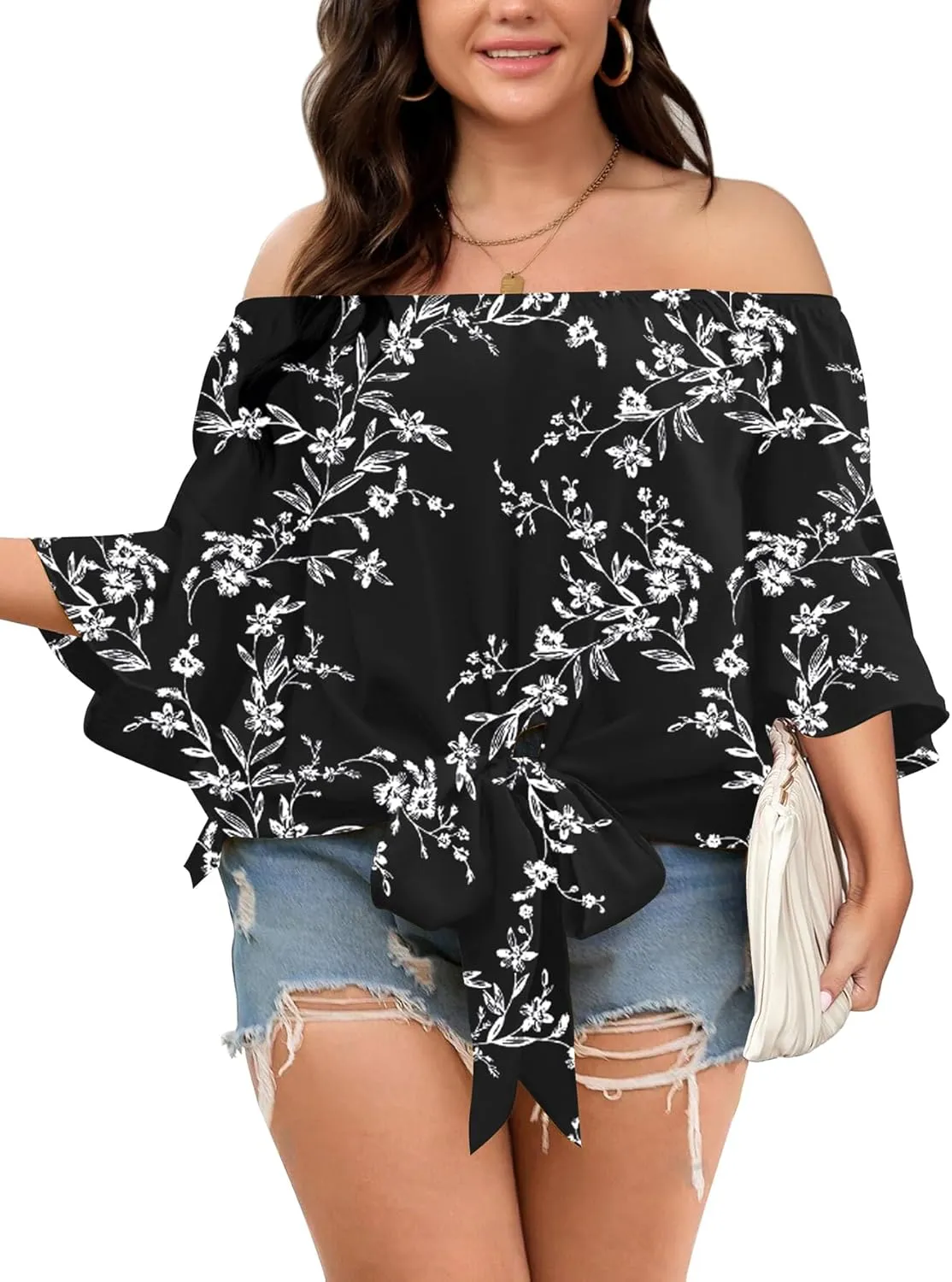 Womens Plus Size Off The Shoulder Blouse Tops Half Sleeves Tie Front Sexy Flowy Top