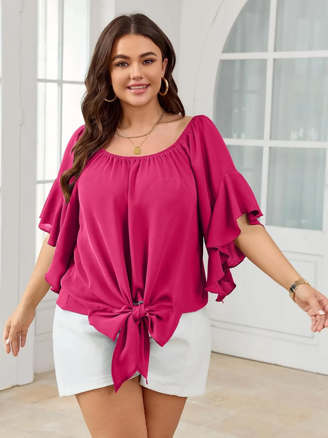 Womens Plus Size Off The Shoulder Blouse Tops Half Sleeves Tie Front Sexy Flowy Top