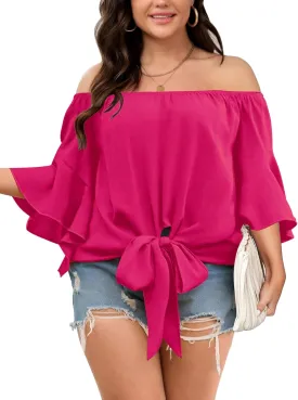 Womens Plus Size Off The Shoulder Blouse Tops Half Sleeves Tie Front Sexy Flowy Top