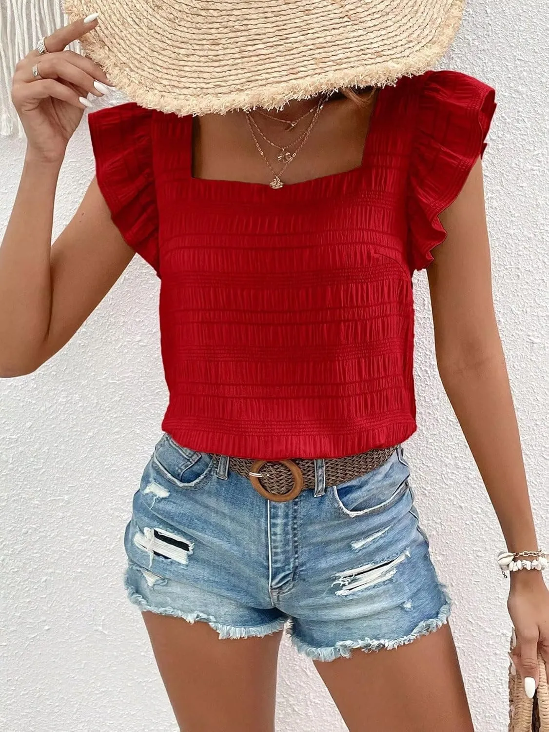 Womens Summer Tops Square Neck Ruffle Short Sleeve Textured Blouses Dressy Casual Shirts