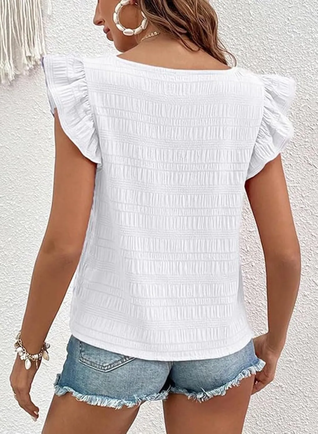 Womens Summer Tops Square Neck Ruffle Short Sleeve Textured Blouses Dressy Casual Shirts