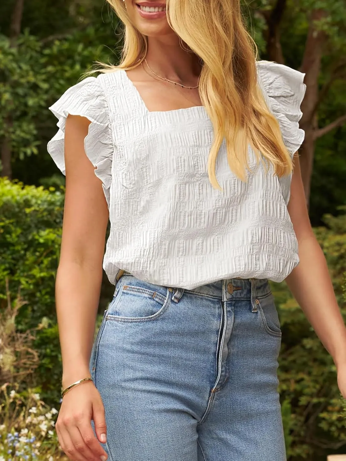 Womens Summer Tops Square Neck Ruffle Short Sleeve Textured Blouses Dressy Casual Shirts