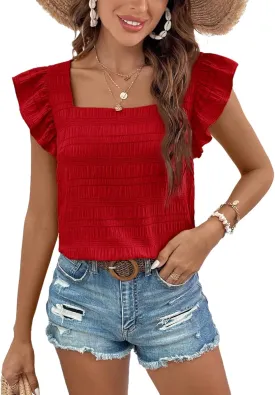 Womens Summer Tops Square Neck Ruffle Short Sleeve Textured Blouses Dressy Casual Shirts