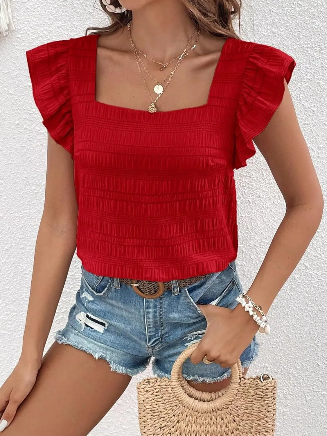 Womens Summer Tops Square Neck Ruffle Short Sleeve Textured Blouses Dressy Casual Shirts