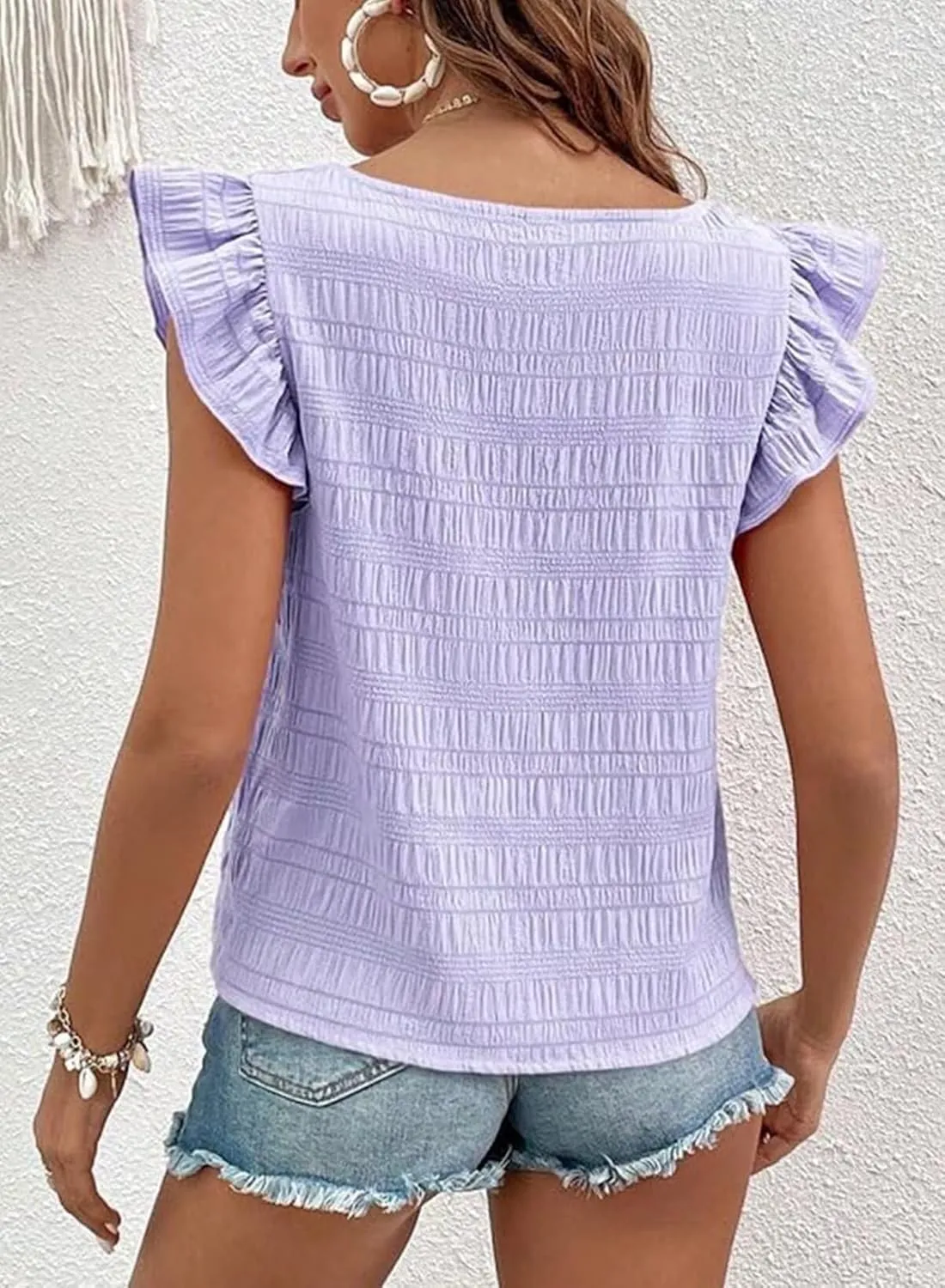 Womens Summer Tops Square Neck Ruffle Short Sleeve Textured Blouses Dressy Casual Shirts