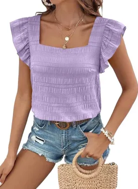 Womens Summer Tops Square Neck Ruffle Short Sleeve Textured Blouses Dressy Casual Shirts