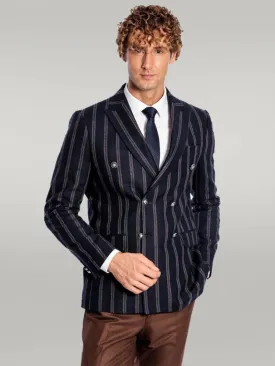 WSS Wide Lapel Striped Double Breasted Navy Blue Men Blazer  - Singen