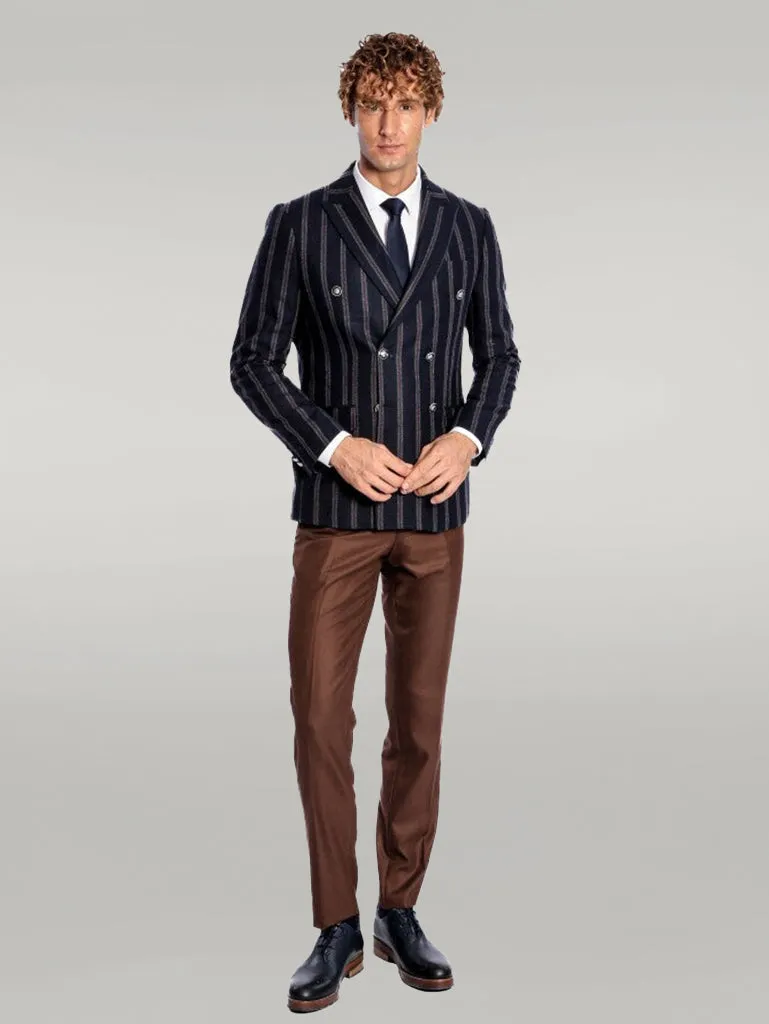 WSS Wide Lapel Striped Double Breasted Navy Blue Men Blazer  - Singen