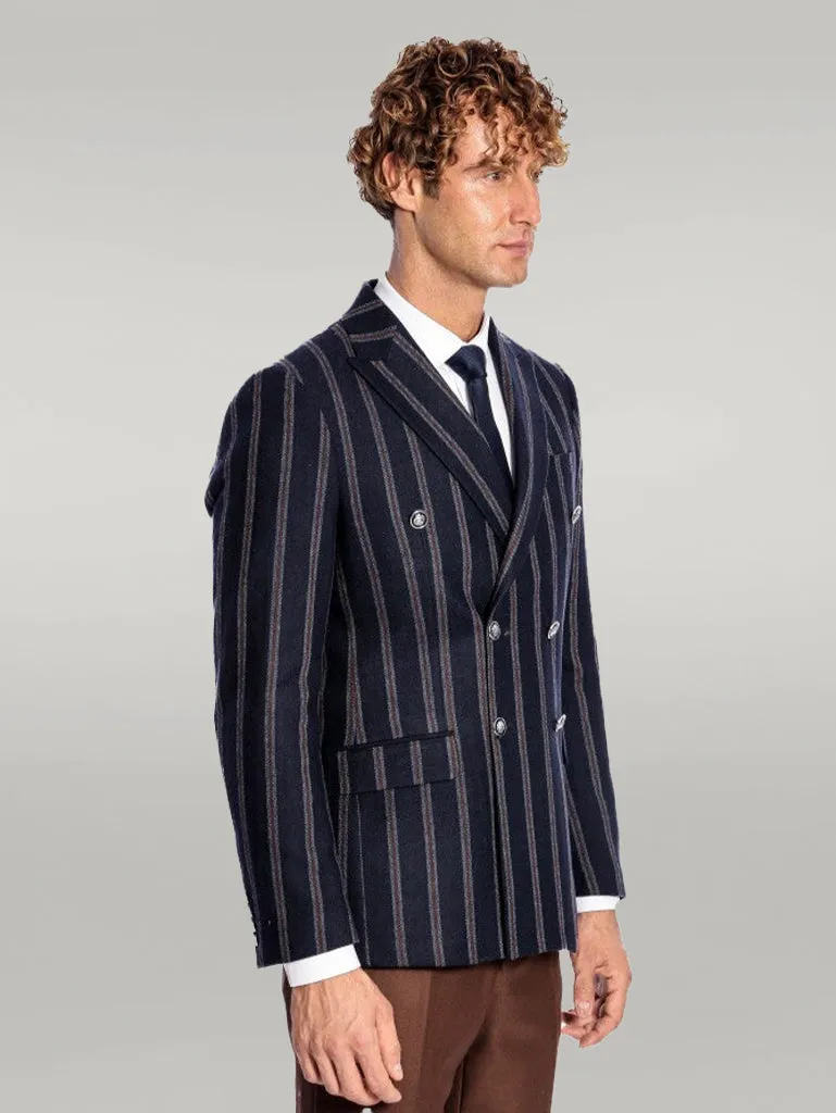 WSS Wide Lapel Striped Double Breasted Navy Blue Men Blazer  - Singen