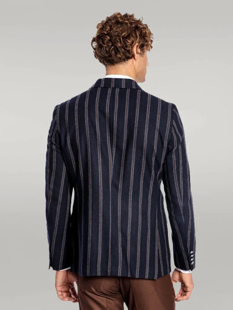 WSS Wide Lapel Striped Double Breasted Navy Blue Men Blazer  - Singen
