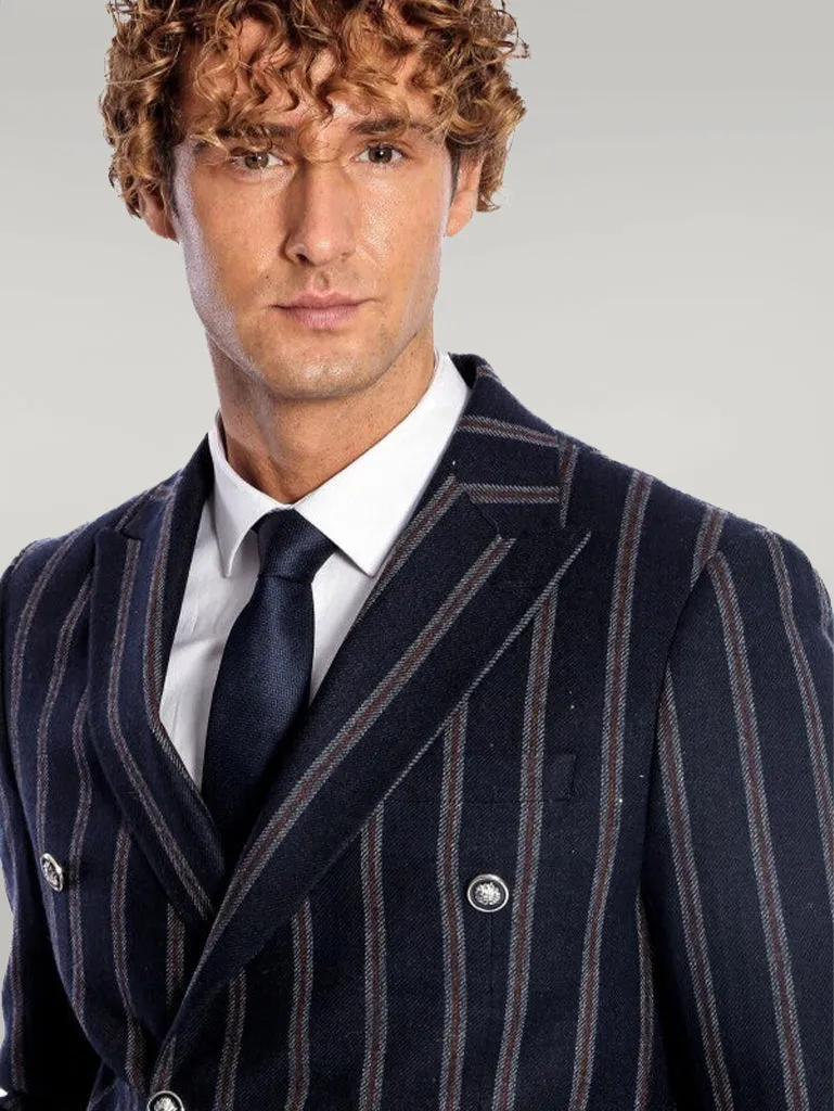 WSS Wide Lapel Striped Double Breasted Navy Blue Men Blazer  - Singen