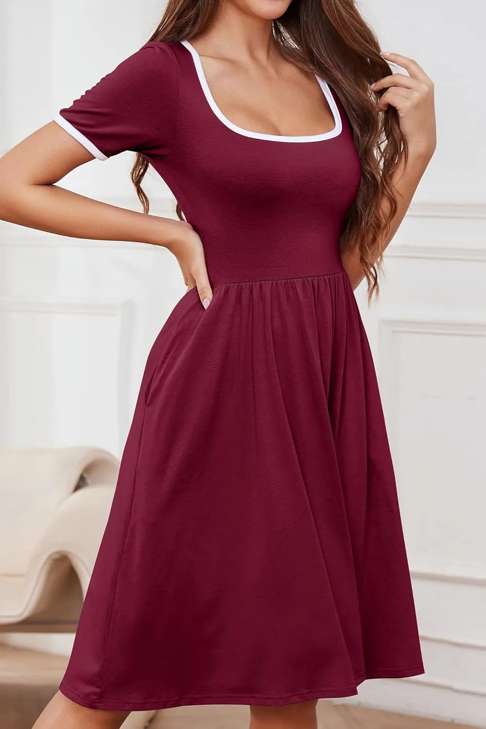 YATHON Cute Summer Dresses for Women Flowy Casual Short Sleeve Color Block A Line Fit and Flare Sundress with Pockets