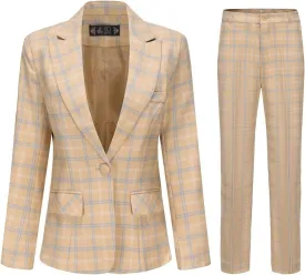 YUNCLOS Women's Vintage 2 Piece Plaid Suit Set 1 Button Stylish Blazer and Pants