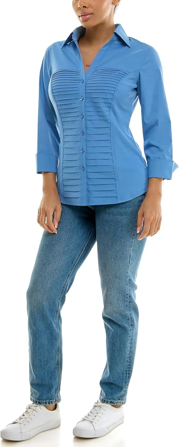 Zac & Rachel Women's 3/4 Cuff Sleeve Button Down Top with Ribbed Knit Inserts for a Comfortable Fit
