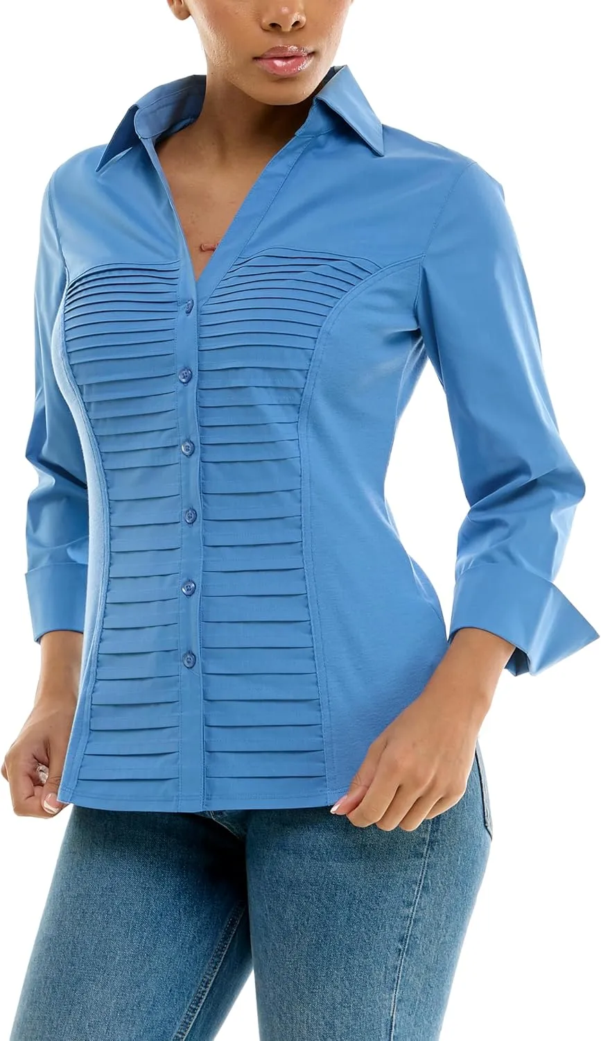 Zac & Rachel Women's 3/4 Cuff Sleeve Button Down Top with Ribbed Knit Inserts for a Comfortable Fit