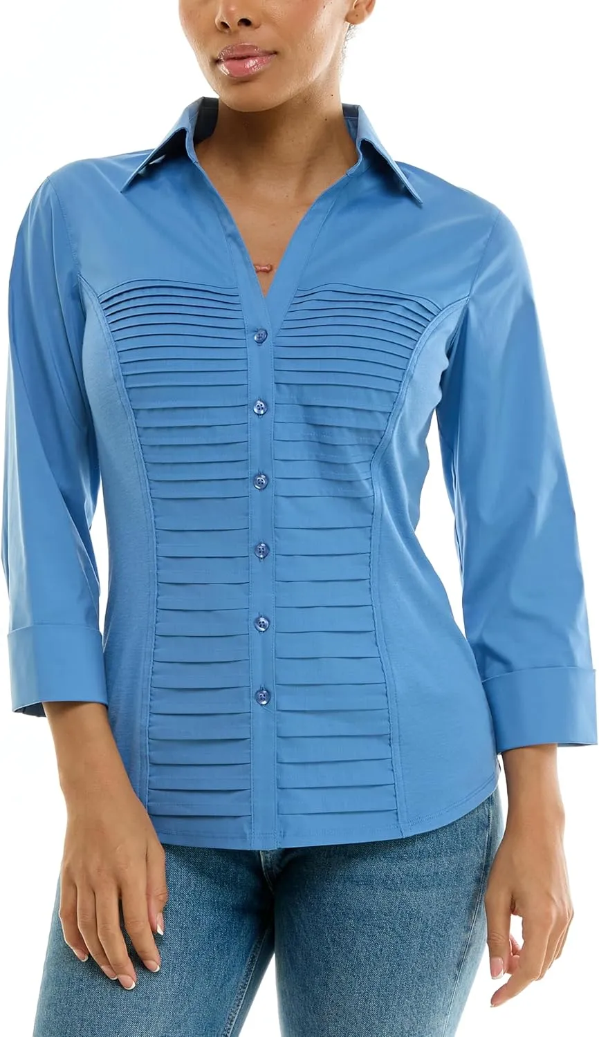 Zac & Rachel Women's 3/4 Cuff Sleeve Button Down Top with Ribbed Knit Inserts for a Comfortable Fit