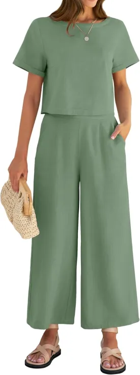 ZESICA Women's 2 Piece Outfits Linen Short Sleeve Crop Top and Wide Leg Pants Lounge Matching Set Tracksuits Trendy Clothes