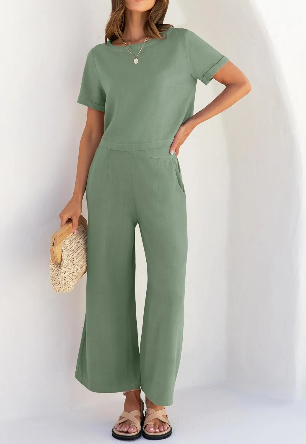 ZESICA Women's 2 Piece Outfits Linen Short Sleeve Crop Top and Wide Leg Pants Lounge Matching Set Tracksuits Trendy Clothes