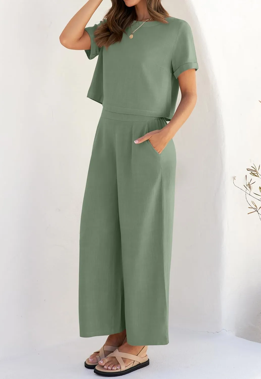 ZESICA Women's 2 Piece Outfits Linen Short Sleeve Crop Top and Wide Leg Pants Lounge Matching Set Tracksuits Trendy Clothes